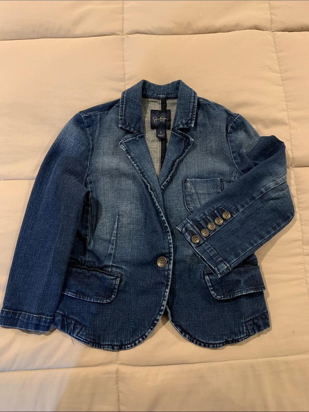 Vintage Jessica Simpson Navy Denim Jacket with Gold Script Label. Small.